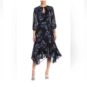NWT Maison Tara Elegant Black and Blue Floral Dress